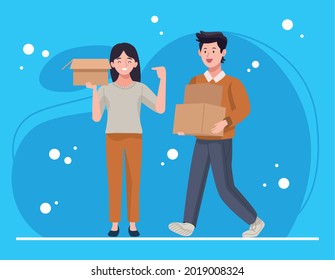 young couple unboxing boxes characters