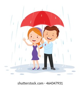 Young couple under umbrella in the rain. Vector illustration of lovely couple holding red umbrella in the rain.