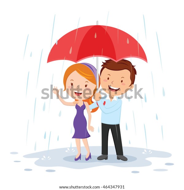 Young Couple Under Umbrella Rain Vector Stock Vector (Royalty Free