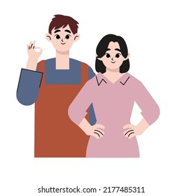 Young couple upper body standing in white background. Flat drawn style vector design illustrations.