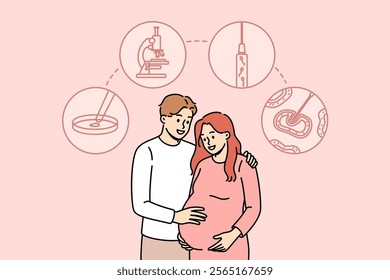 Young couple used in vitro fertilization to become pregnant and give birth to own child. In vitro fertilization symbols over man and woman visiting clinic for IVF or surrogate childbirth