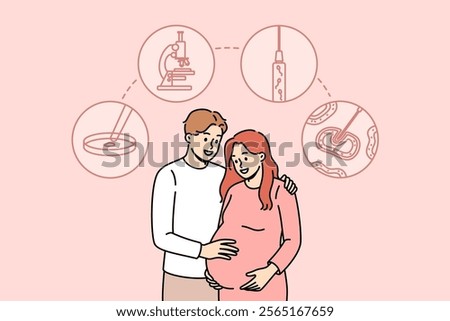 Young couple used in vitro fertilization to become pregnant and give birth to own child. In vitro fertilization symbols over man and woman visiting clinic for IVF or surrogate childbirth