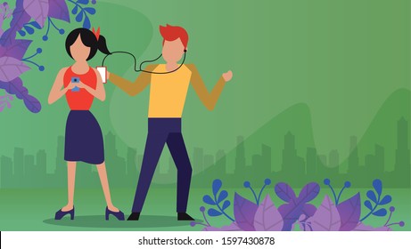 young couple using device with social media app vector illustration design