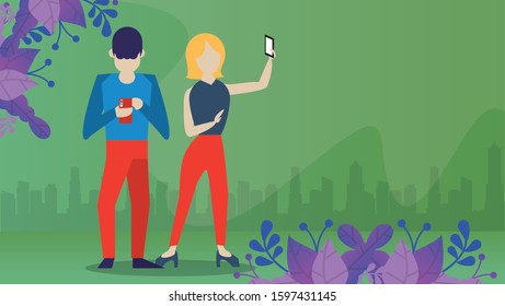 young couple using device with social media app vector illustration design