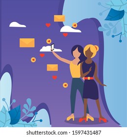 young couple using device with social media app vector illustration design