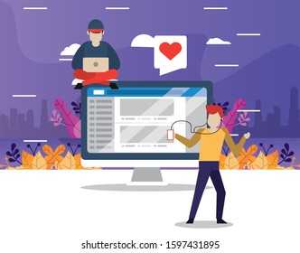 young couple using device with social media app vector illustration design