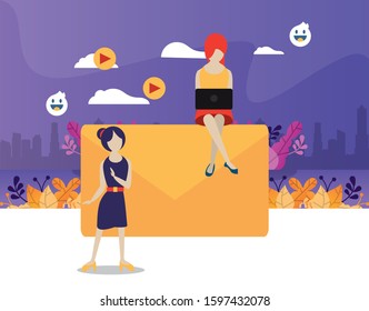 young couple using device with social media app vector illustration design
