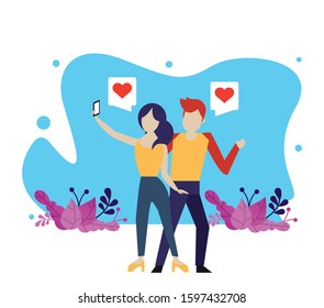 young couple using device with social media app vector illustration design