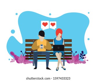 young couple using device with social media app vector illustration design