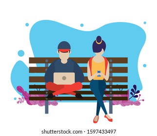 young couple using device with social media app vector illustration design