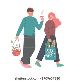 Young Couple Using Eco Bags for Shopping, People Care about Environment and Ecology Cartoon Style Vector Illustration