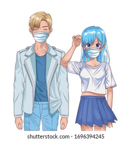 young couple using face masks anime characters vector illustration design