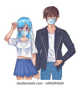 young couple using face masks anime characters vector illustration design