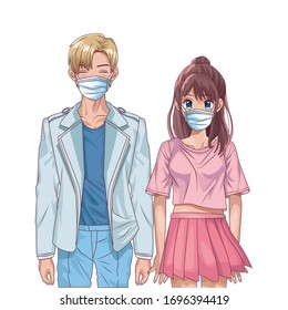 pareja joven que usa máscaras faciales personajes anime ilustración vectorial diseño