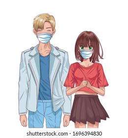young couple using face masks anime characters vector illustration design