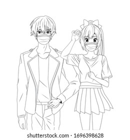 young couple using face masks anime characters vector illustration design