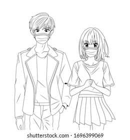 young couple using face masks anime characters vector illustration design
