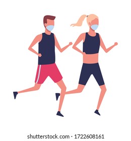 young couple using face masks for covid19 vector illustration design