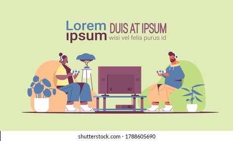 young couple using joysticks playing video games on tv man woman spending time together at home copy space horizontal full length vector illustration