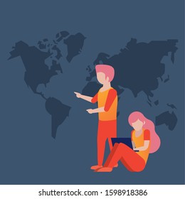 young couple using laptop avatars characters vector illustration design