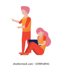 young couple using laptop avatars characters vector illustration design