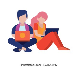 young couple using laptop avatars characters vector illustration design