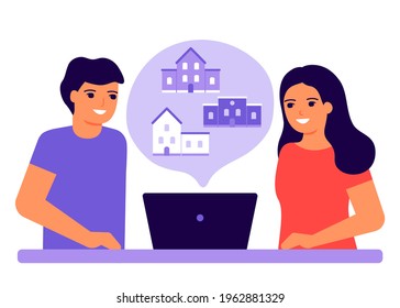 Joven pareja usando laptop, escoge y soñando con la casa. La elección familiar de la casa. Sacar el edificio de la casa con crédito e hipoteca. Ilustración vectorial en estilo plano
