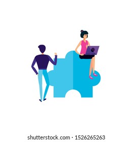 young couple using laptop computer vector illustration design