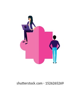 young couple using laptop computer vector illustration design