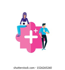 young couple using laptop and smartphone vector illustration design