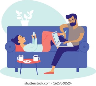 Young couple using laptop and smartphone obsessed with devices gadgets, people internet technology addiction concept