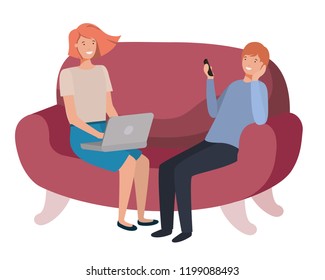 young couple using laptop in the sofa avatar character