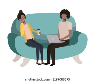 young couple using laptop in the sofa avatar character