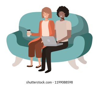 young couple using laptop in the sofa avatar character