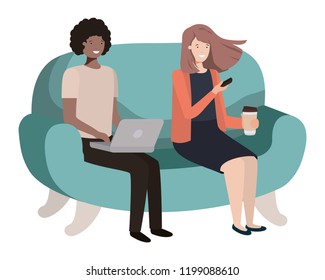 young couple using laptop in the sofa avatar character