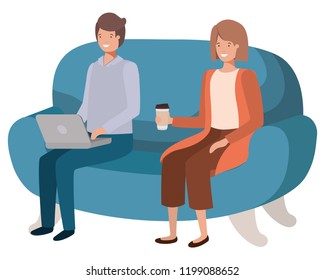 young couple using laptop in the sofa avatar character