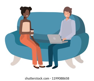 young couple using laptop in the sofa avatar character