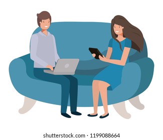 young couple using laptop in the sofa avatar character
