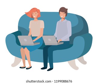 young couple using laptop in the sofa avatar character