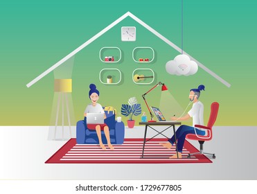 Young couple using laptop and tablet Sitting on the Sofa obsessed with devices gadgets, men and women freelancers Remote work, working at home, quarantine concepts. Stay home, flat Vector Illustration