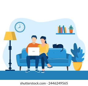 young couple using a laptop while sitting on a sofa. web page design template for online education, learning, video tutorials. Vector illustration in flat style