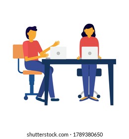 young couple using laptop in workplace connecting technology characters vector illustration design