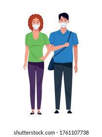 young couple using medical masks characters vector illustration design