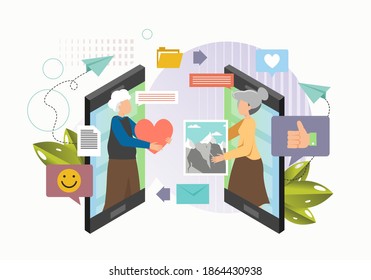 Young couple using mobile phones for chatting, sharing photos with likes, smiles and comments, flat vector illustration. Files sharing, transfer via internet connection.