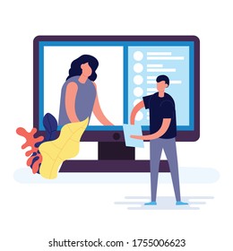 Young couple using modern technology for collective virtual meeting and group video conference. This worker discussing with friends on computer screen. Vector illustration in flat style isolated.