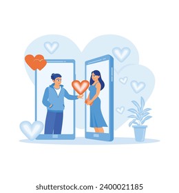 Young couple using online dating app on a smartphone. They talk and code their hearts for their partners. online Dating concept. Trend Modern vector flat illustration
