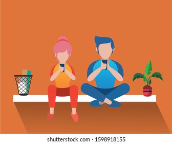 young couple using smartphone avatars characters vector illustration design