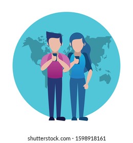 young couple using smartphone avatars characters vector illustration design