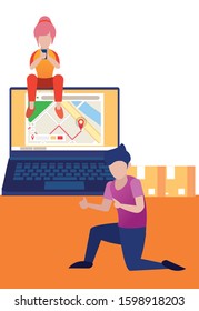 young couple using smartphone avatars characters vector illustration design