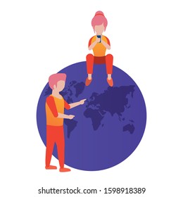young couple using smartphone avatars characters vector illustration design